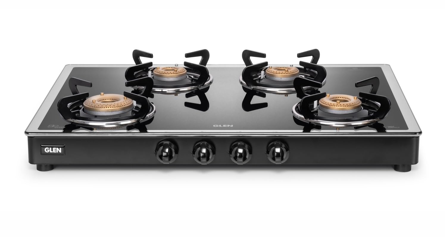 Glen Apex LPG Gas Stove 4 Burner | Mirror Finished Gas Stoves Glass Top | 1 Jumbo,1 Medium & 2 Small Forged Brass Burners | Manual Ignition |…