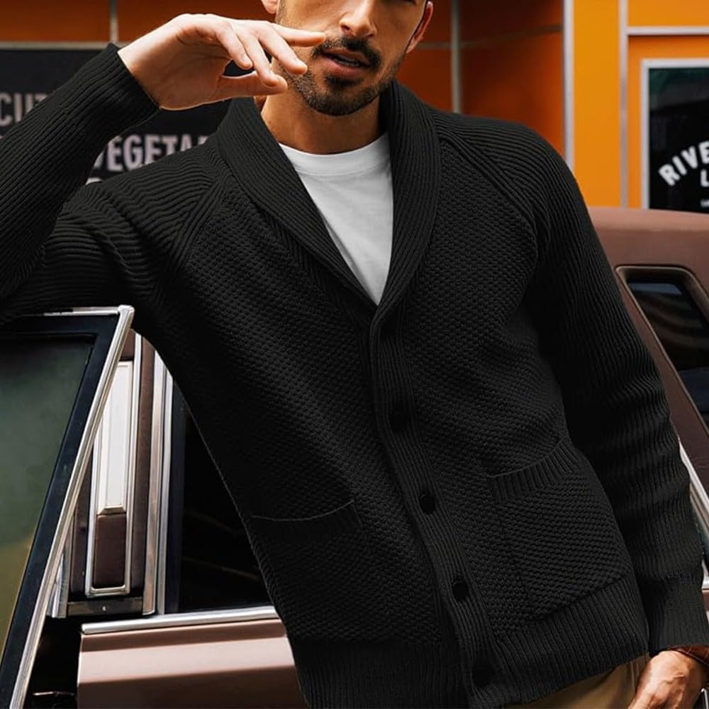 Ymosrh Mens Light Sweater - Button Up Long Sleeve Shawl Collar Casual Fall Winter Knit Cardigan Sweaters Heavy Casual Tops Clothes for Men Suéteres De Hombre (XL - Black)