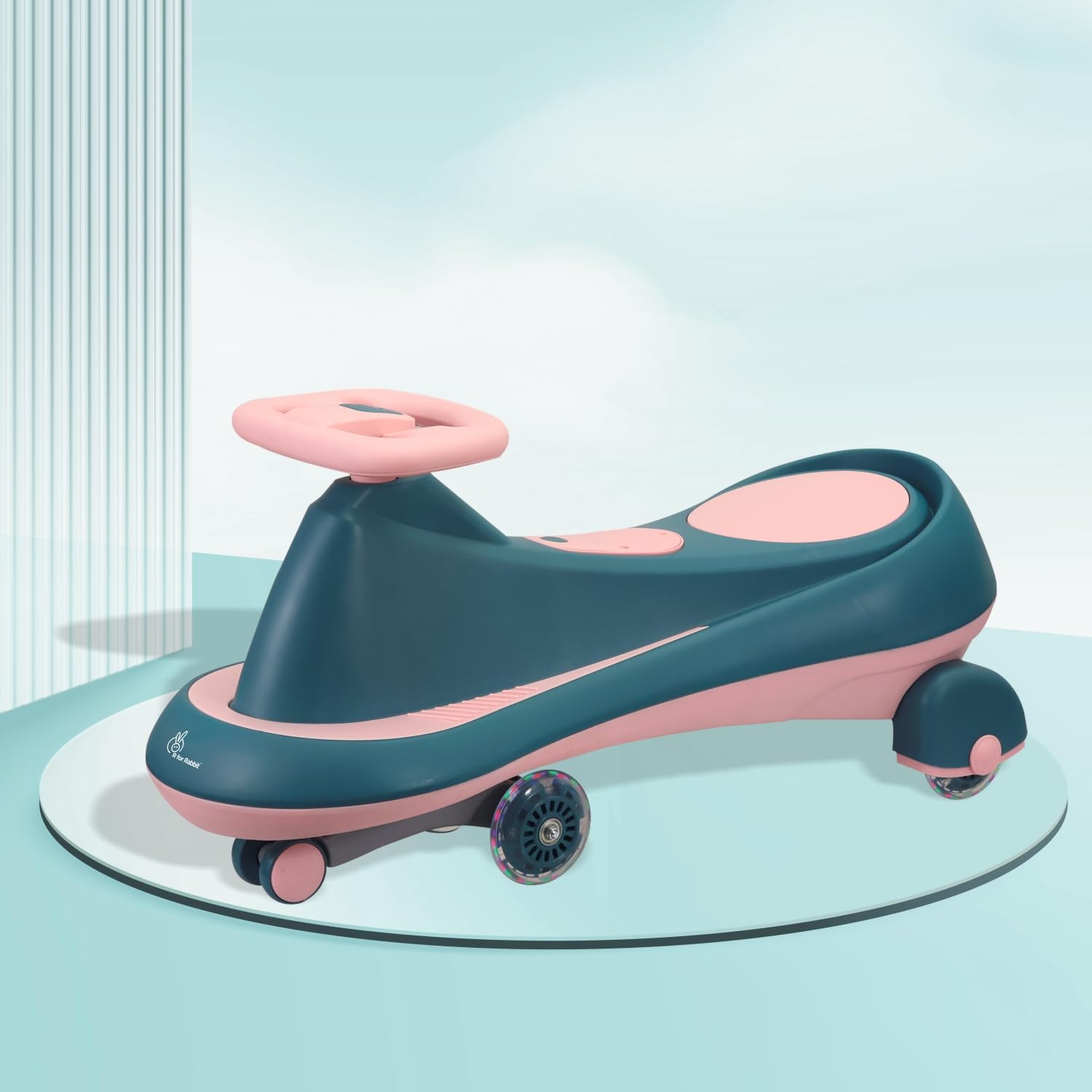 - R for Rabbit Iya Iya Drift Swing Car for Kids with Light & Music | Baby Twister Magic Ride-On Panda Car with Scratch-Free PU LED Wheels | Gift for 3+ Years Boys & Girls Weight Up to 125kg (Green Pink)