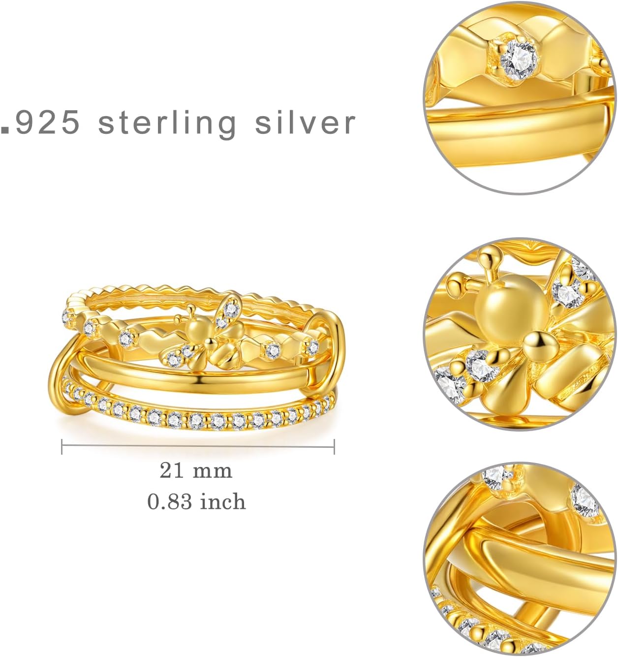 Bee Gifts 925 Sterling Silver Bee Stackable Ring Cute Animal Jewelry Gifts for Women