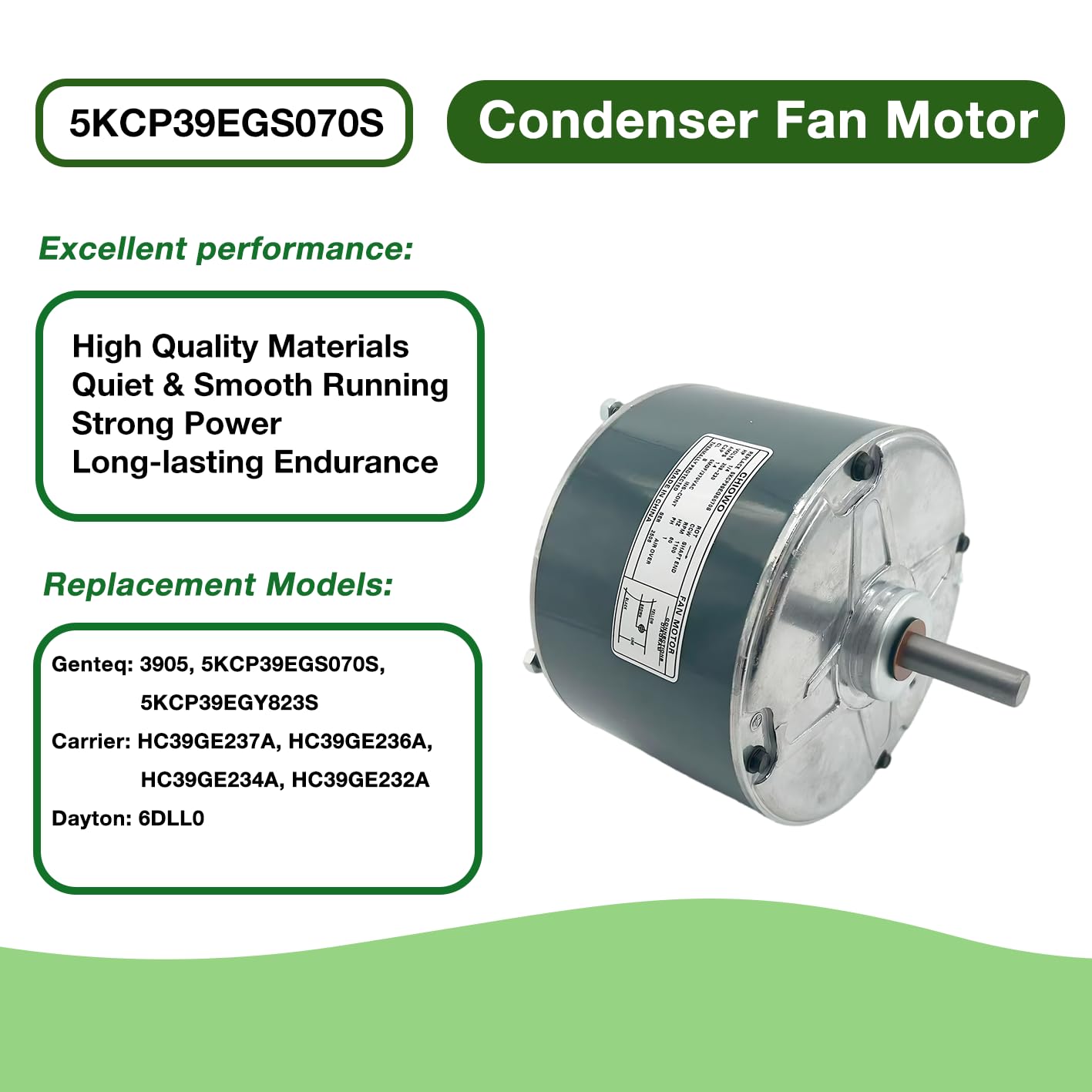 5KCP39EGS070S Condenser Fan Motor 1/4HP 208-230V 1.4A 1100RPM Replaces 5KCP39EGY823S Genteq GE 3905 Carrier Bryant Payne HC39GE237 Dayton 6DLL0 OEM Upgraded