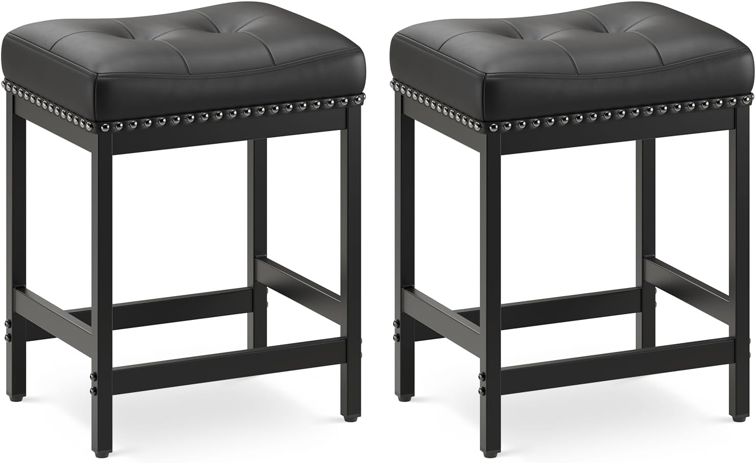 Saddle Bar Stools Set of 2, 24 Inch Counter Height Backless Barstools - PU Leather Cushioned Seat, Metal Base & Footrest, Kitchen Island Breakfast Bar Chairs, Modern Black
