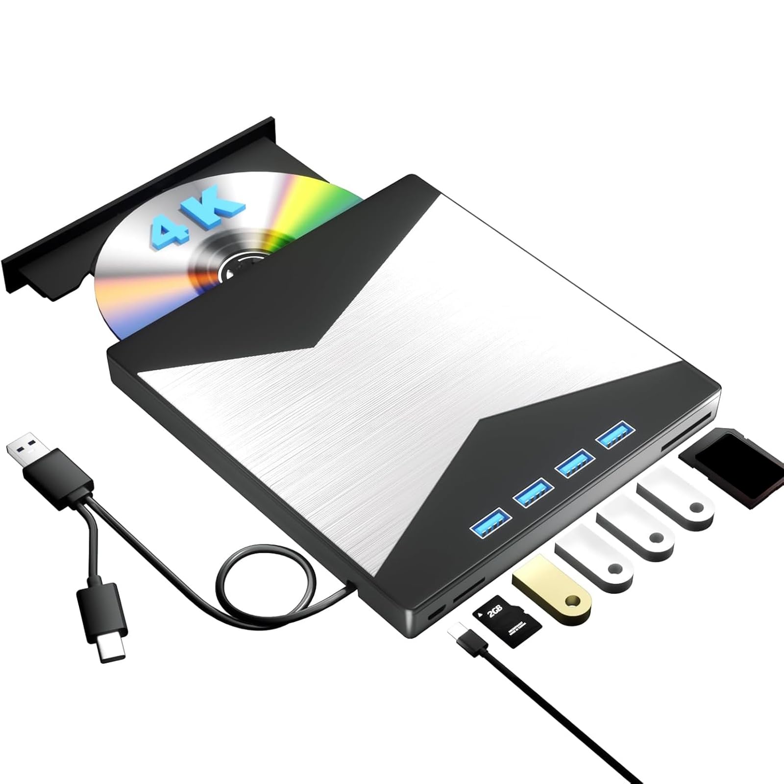 External Blu Ray Drive, 4K Portable Blu Ray Burner USB 3.0 Type-C UHD BD Player with SD/TF Port, CD/DVD Burner R/W 3D Blu Ray Drive, External 4k Blu Ray Drive Compatible with Windows Mac OS Laptop