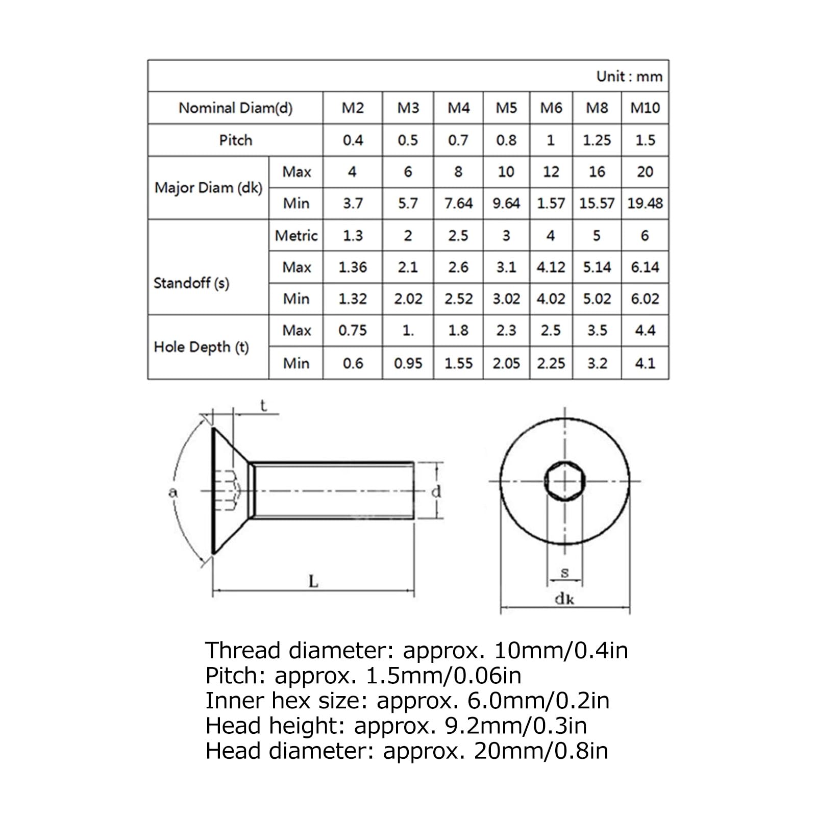 30 Tornillos Hexagonales De Cabeza Avellanada De Acero Inoxidable M10 X 20 A 100, Tornillos De Cabeza Hueca De Cabeza Plana, Tornillos De Cabeza Avellanada, Sujetadores Industriales(M10*90)