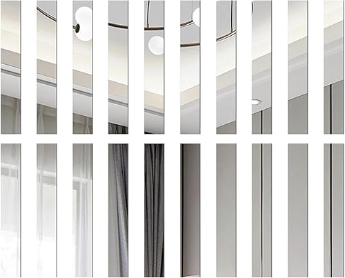 20 calcomanías de espejo a rayas de 2 x 8 pulgadas, autoadhesivas, largas de acrílico, tiras de espejo acrílicas plateadas, tiras de espejo