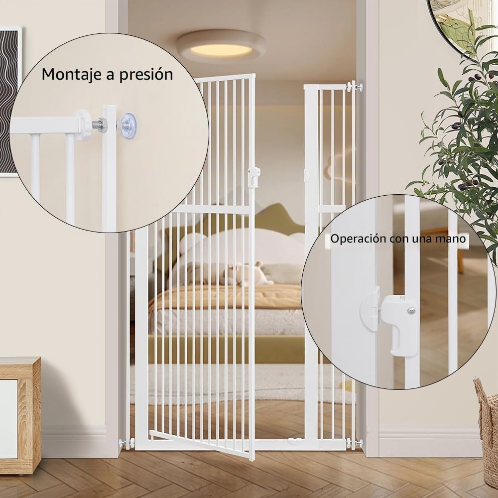 unipaws Puerta para perros de 142 cm de alto, 75-98 cm de ancho, puerta de gato montada a presión para puerta, escalera interior, puerta para mascotas, color blanco