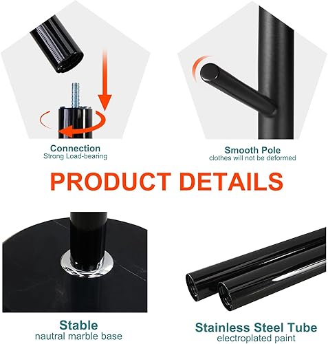 Miniatura 2 de Perchero con base de mármol natural, perchero independiente de metal, perchero de acero inoxidable con 8 ganchos para colgar bufandas, bolsos,