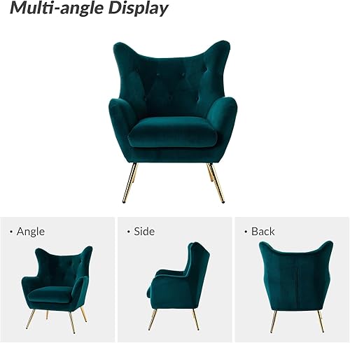 Miniatura 6 de HULALA HOME Velvet Accent Chair, Modern Wingback Arm Chair with Metal Gold Legs, Velvet Tufted Upholstered for Living Room Bedroom(Teal) Verde