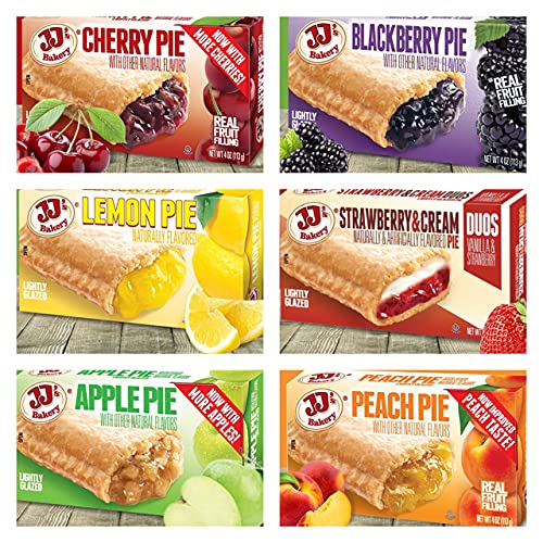 JJ's Bakery Pie Variety Fruit Pack 6 x Mini Pie's Total . 1 of each Flavor /Cherry Pie / Strawberry Cream / Blackberry Pie / Apple Pie / Peach Pie / Lemon Pie. 3 x Lollipops included