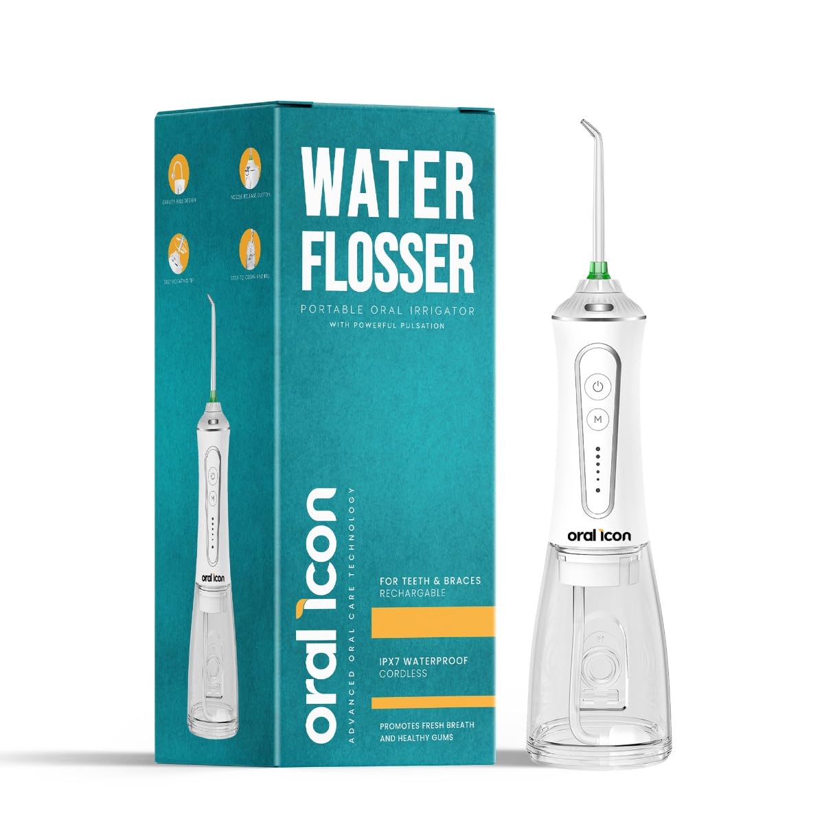 Oral Icon® Irrigador bucal elĂ©ctrico con chorro de agua pulsante – TecnologĂa GumGentle+™ – 5 niveles de presiĂłn – DepĂłsito de agua de 300 ml – Inalámbrico – IPX7 resistente al agua – 5 accesorios