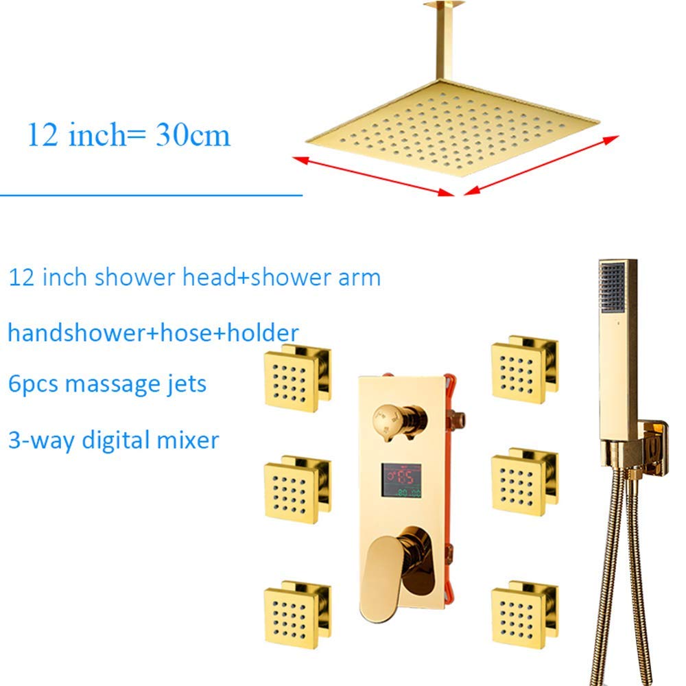 Ducha de lluvia LED con pantalla digital, mezclador de lluvia dorado, juego de grifo de ducha montado en el techo con cabezal de ducha, ducha de mano,