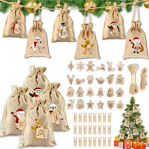 AllLeeGay DIY Christmas Advent Calendar Cloth Bags 2023-24 Days Countdown with Sustainable Linen Bags, Wooden Hangtags, and Clips - Advent Calendar to Fill Yourself for Gift Packaging (B)
