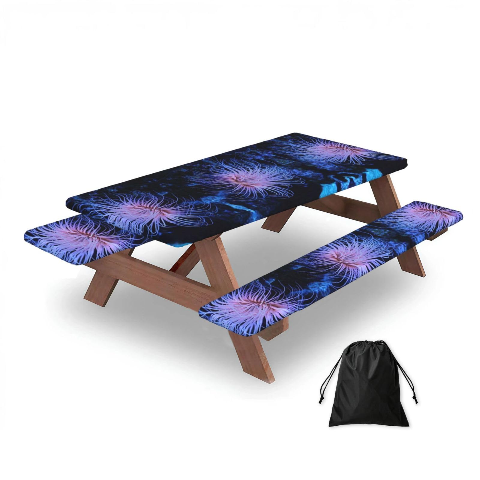 ESNAIUVCD Sea Anemone Print Picnic Table Cover With Bench Covers,Camping Essentials,Fitted Tablecloth Cover With Elastic Edge, For Indoor & Outdoor 3 Pcs
