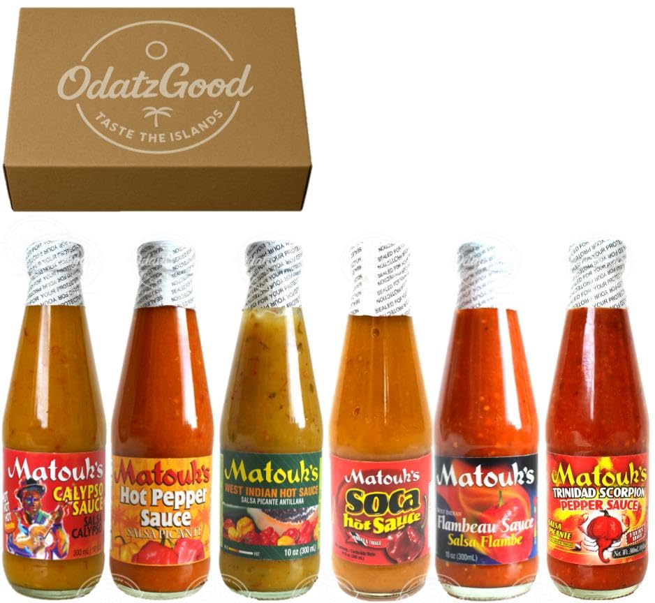 Matouk’s Caribbean Heatwave Calypso, Hot Pepper, West Indian,Soca, Flambeau & Trinidad Scorpion Pepper Sauce 6-Pack – Product of Trinidad & Tobago – Curated & Packaged by ODatzGood