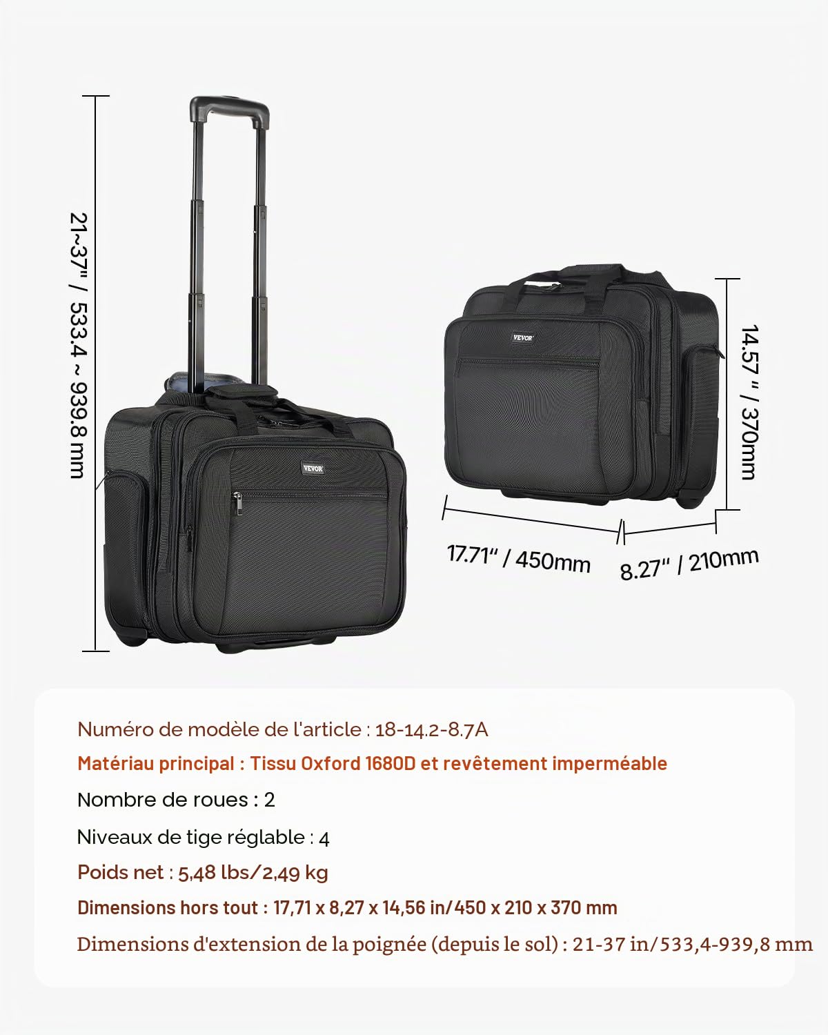 VEVOR Sac à roulettes pour Ordinateur Portable 17,3 Pouces, Mallette à roulettes pour PC, Poignée Télescopique à 4 Hauteurs, Tissu Oxford 1680D, pour Travail, Voyages d'affaires, Femmes, Hommes, Noir