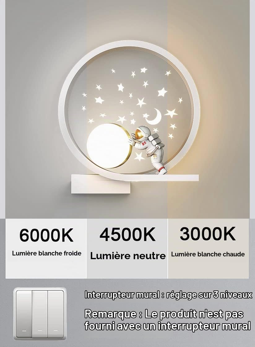 Applique Murale Interieur 12W LED Dimmable Lampe Murale pour Chambre D'enfant Rond Moderne Lampe de chevet Espace Astronaute Lumière murales pour Garçon Fille Chevet Chambre à Coucher Veilleuse (A)