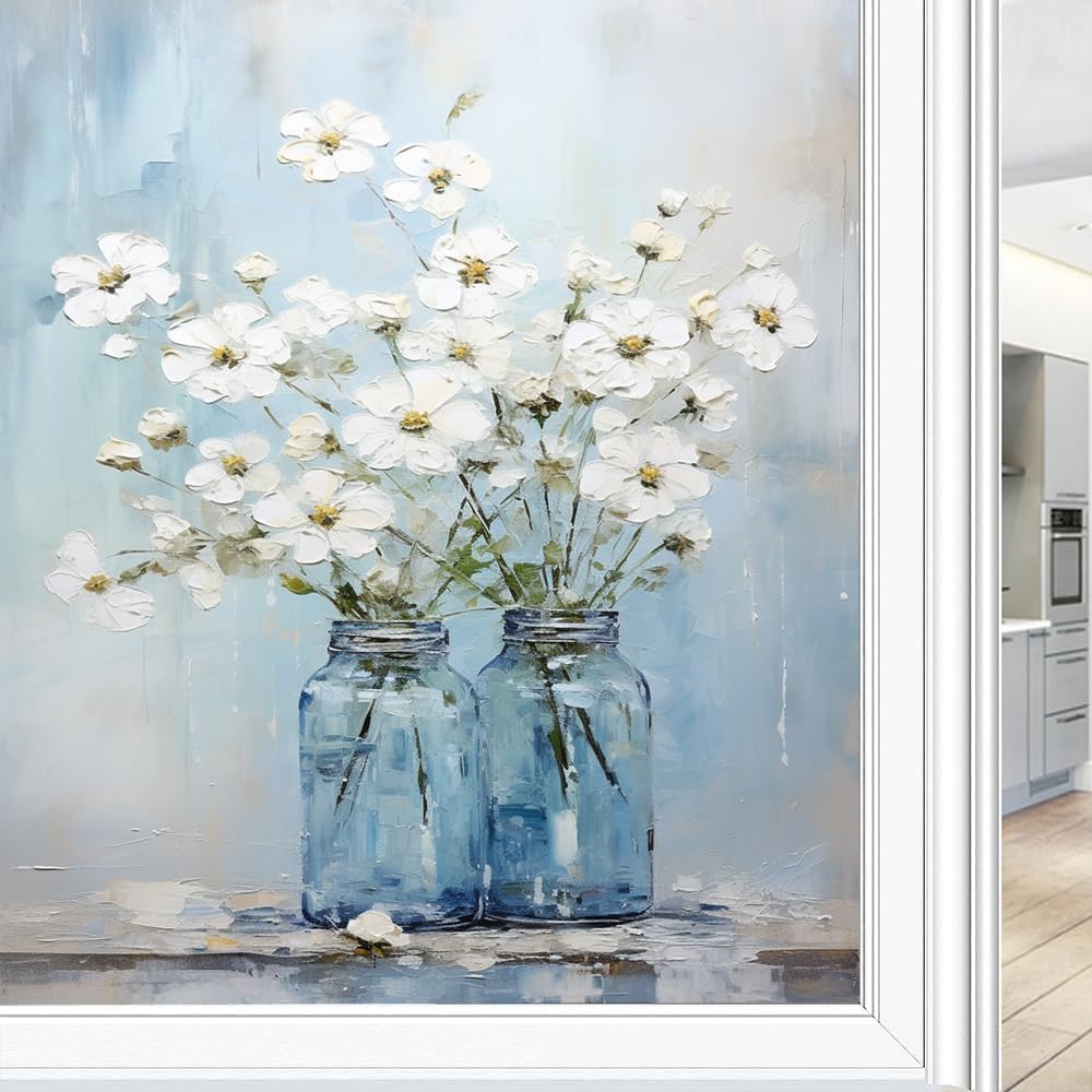 White Floral Plants Window Film Heat Blocking Abstract Vase Flower Wildflowers Privacy Window Decor Glass Door Covering Self-Adhesive Window Stickers for Bathroom Kitchen 35.4Wx63L inch