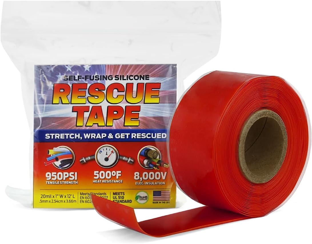 Rescue Tape, Self-Fusing Silicone for Emergency Plumbing, Pipe & Hose Repair, Electrical Insulation, Waterproof, 950 PSI, Made in USA, 1" x 12', Red