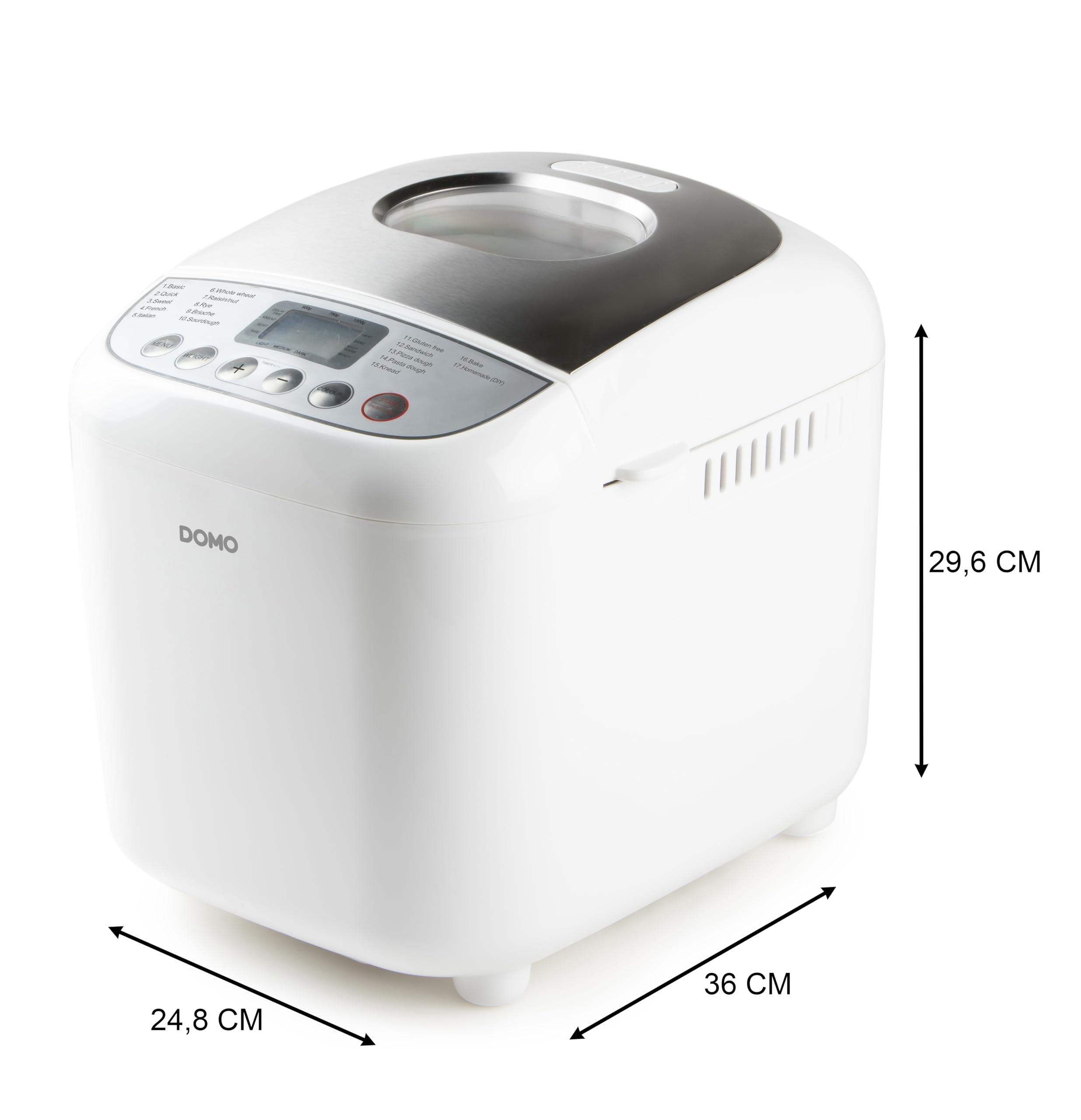 DOMO B3976 Brotbackautomat - 17 Backprogramme inkl. Pizza und Glutenfrei-Programm - 3 Brotgrößen (500g - 750g - 1000g) - PFAS frei - mit Timer, LCD Display und Warmhaltefunktion
