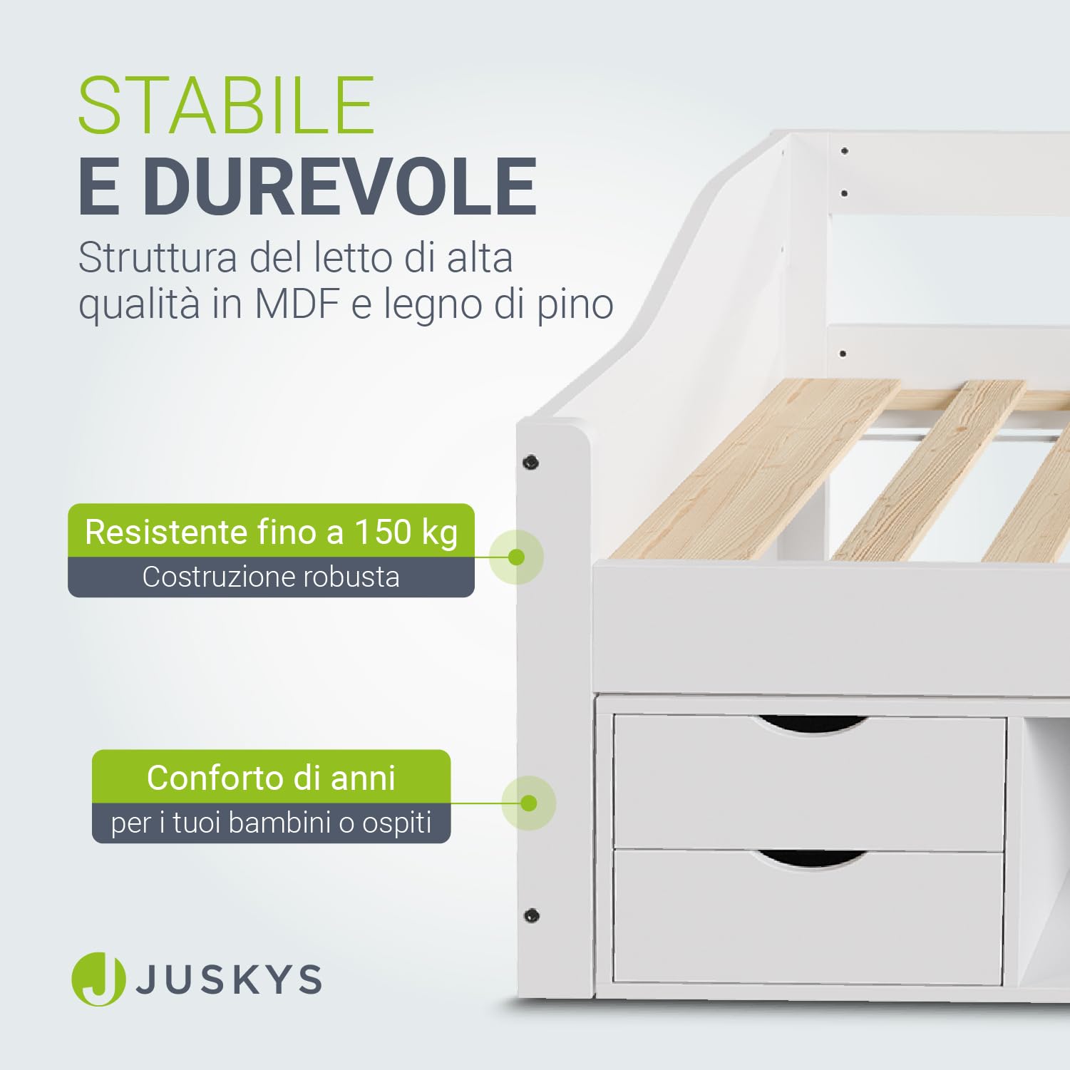 Juskys Letto per bambini 90x200 con cassetti e rete a doghe – letto in legno massiccio di pino con contenitore – letto singolo per bambina e bambino – bianco