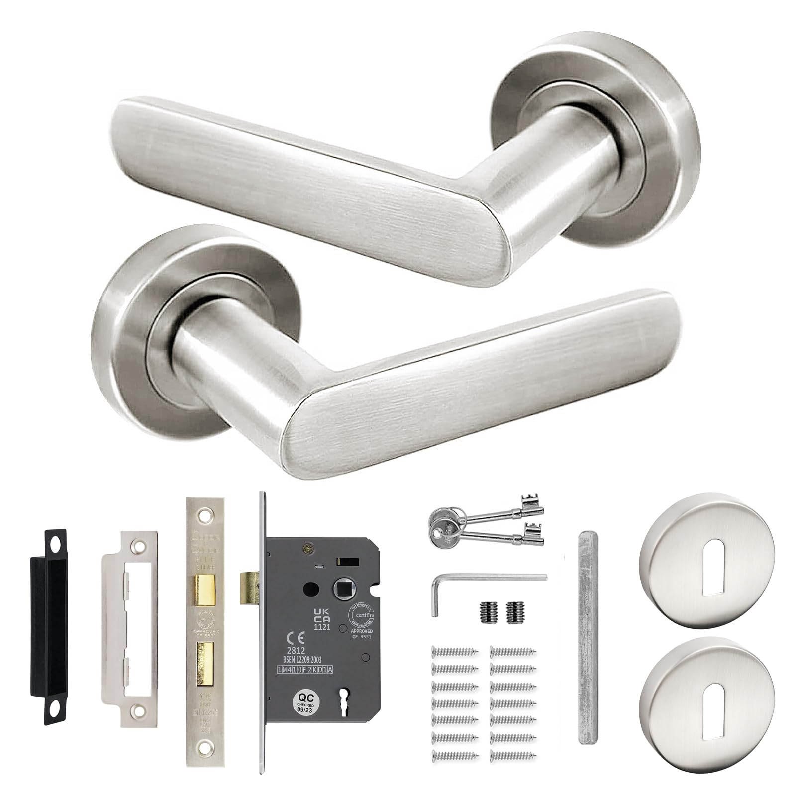 Decoranddecor Echo Satin Nickel Door Lever Handles - 54mm Round Rose - Aluminium - Sash Lock Kit with Keys