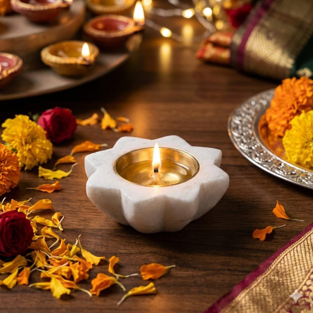 SAUDEEP INDIA Makrana Marble & Brass Diya | Handmade Oil Lamp for Pooja Room Decor | Decorative Deepak for Diwali, Temple, Festival, Wedding, Housewarming & Spiritual Decor (Flower Set of 1)-image-40
