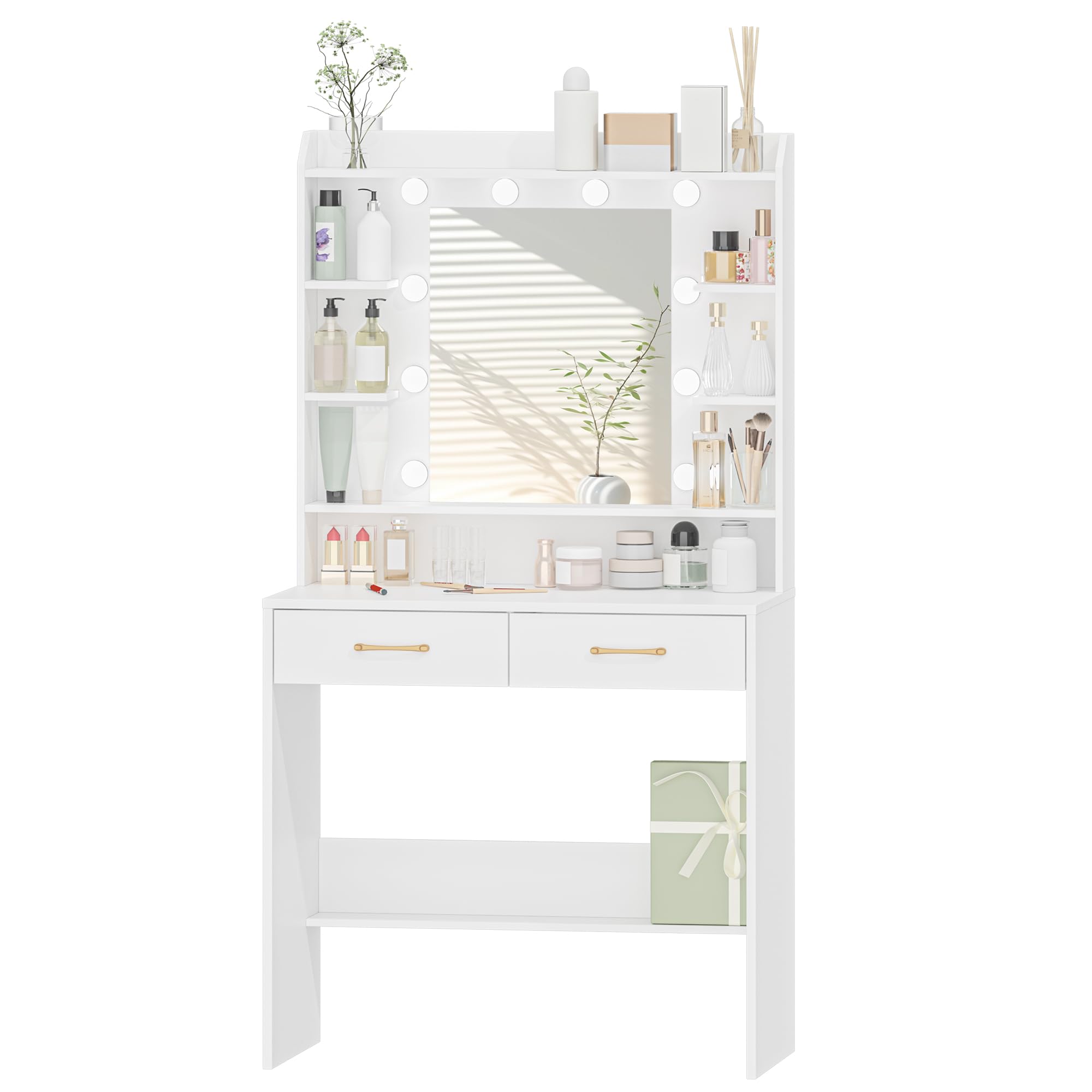 Toaletka Hzuaneri z Lustrem i Oświetleniem LED, Regulowana Jasność, Toaletka z Półkami i 2 Szufladami, do Sypialni, Salonu, 40 x 80 x 149 cm, Biała DT08203XV1
