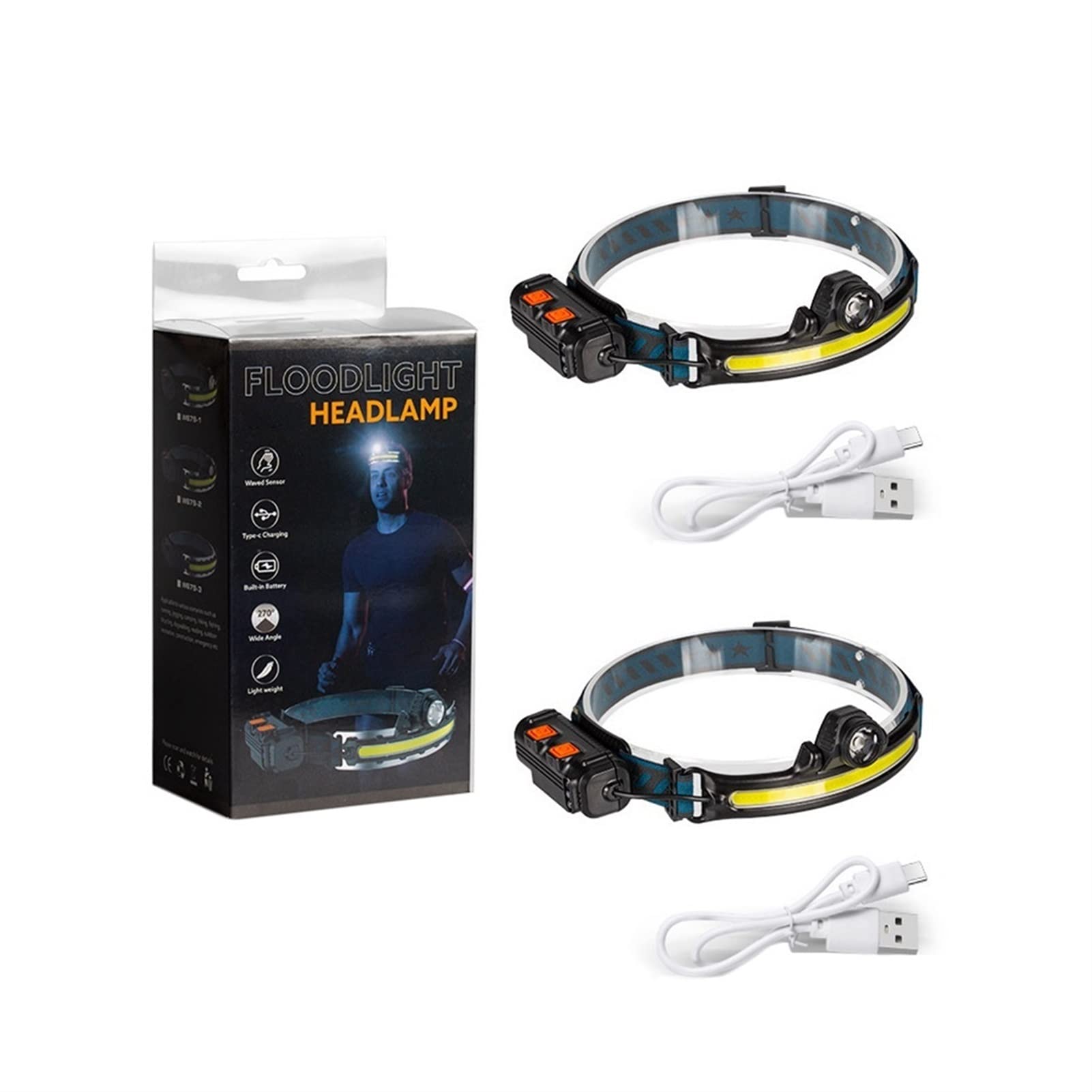 Latarka na głowę, Akumulator USB Czujnik ruchu Super jasny Latarka czołowa Nastawny Obrót Zoom Lampa robocza Przenośny 2-pak Latarka czołowa LED do biwakowania, wędrówek, wędkowania, pracy, biegania