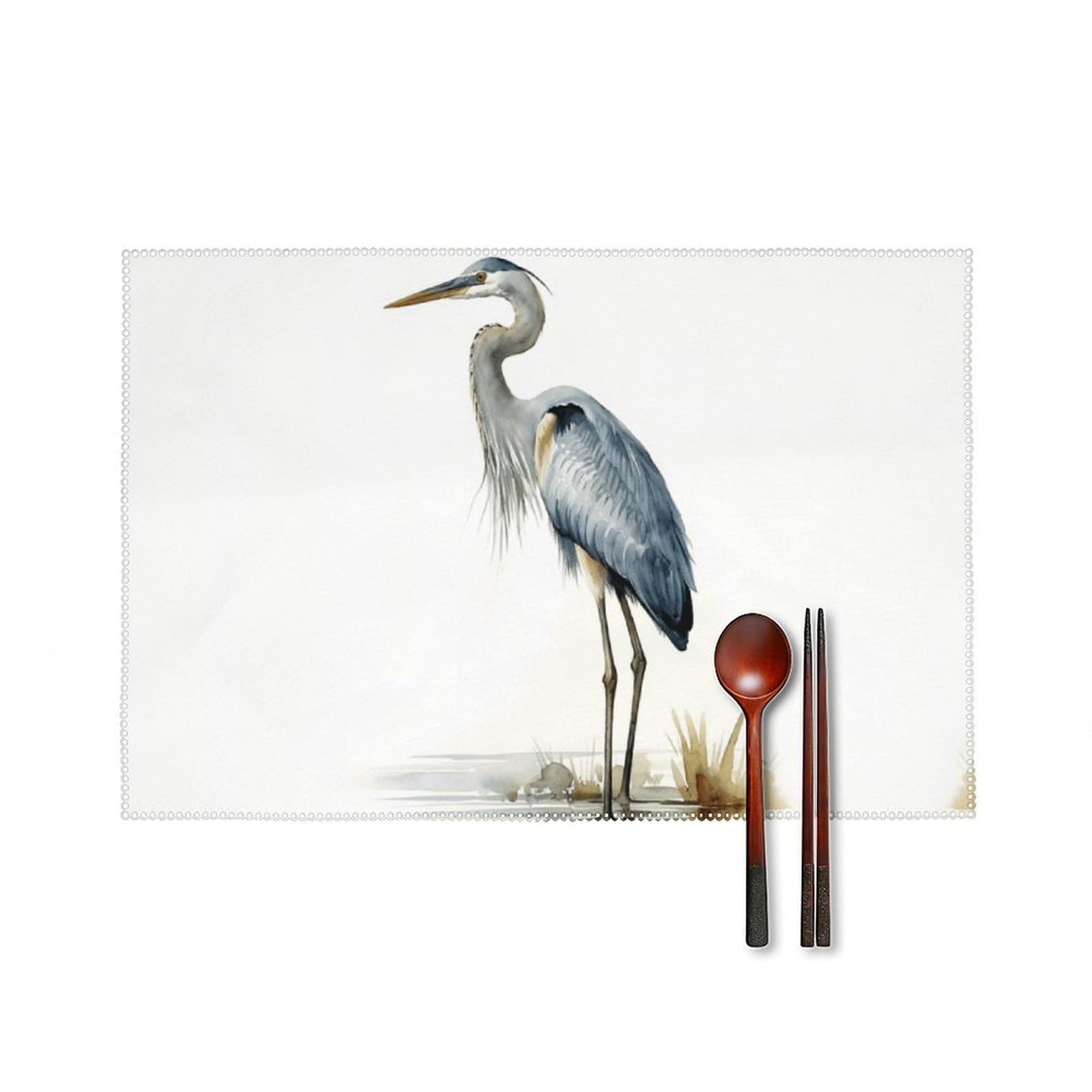 Long-beaked Heron Placemats Set of 6, 12x18 Inch Heat Resistant Washable Canvas Table Mats, Stain Resistant Decorative Dining Placemats for Kitchen, Restaurant, Outdoor Party