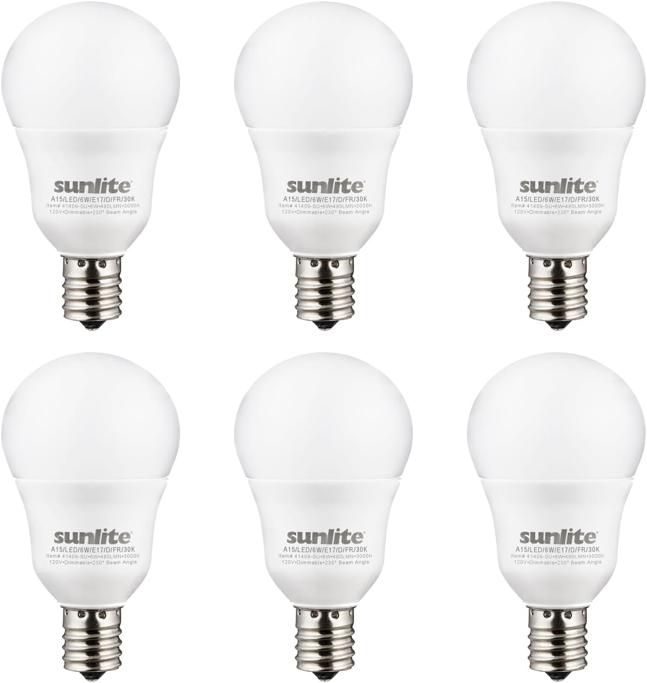 Sunlite A15 E17 LED Bulb, Intermediate Base Light Bulbs, 6 Watts (40W Equivalent), 480 Lumens, Dimmable, for Ceiling Fan and, Lighting Fixtures, Frosted Finish, ETL Listed, 6 Count, 3000K Warm White