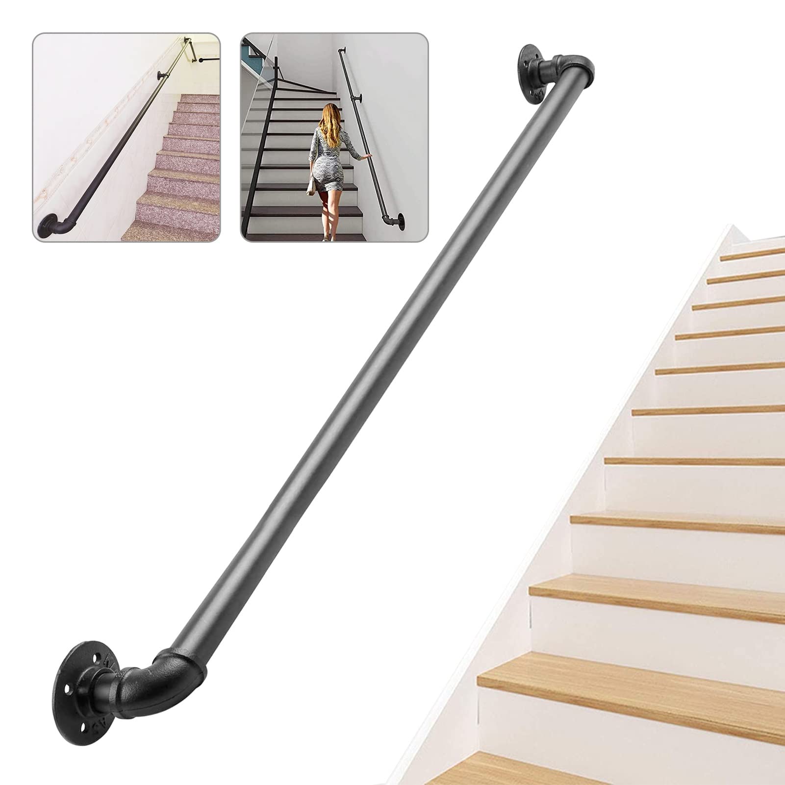 Modern Stair Banister Handrail for Walls - Complete Kit, Outdoor Grab Rails, Black Metal Wall Mounted Handrails Railings for Indoor Loft Villa Corridor Balustrade,13.1 FT