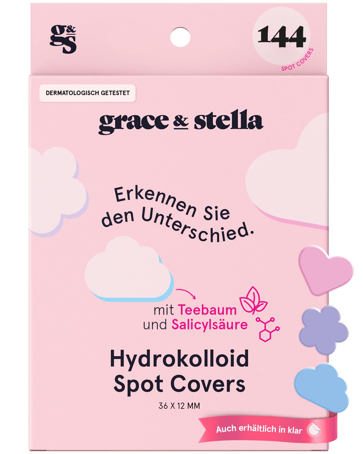 grace & stella Pickel Patch, Spotabdeckung, Hydrocolloid-Patches für Gesicht, Dermatologe Getestete & Vegane Spot Cover [Verschiedene Formen, 144 Stück]