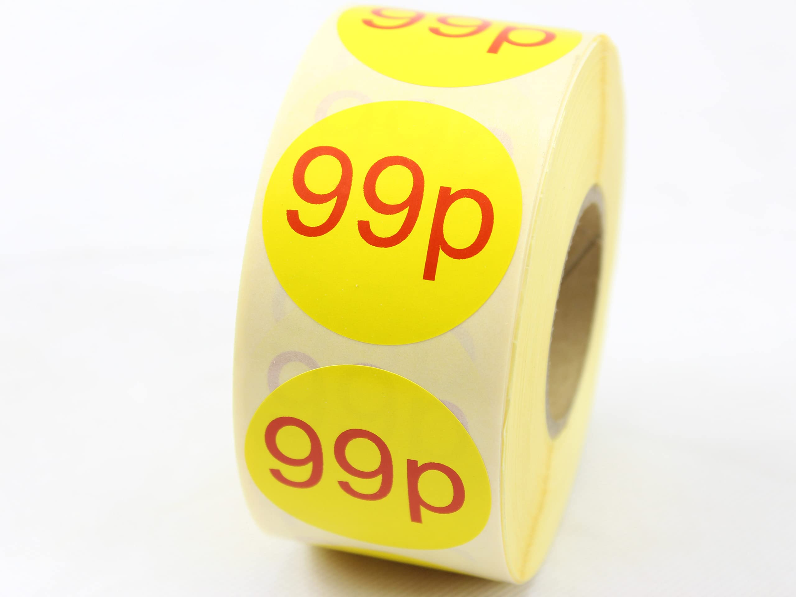 Yellow & Red Printed Retail Labels. 40mm Diameter, Strong Permanent Adhesive. 500 Per Roll. (99p)