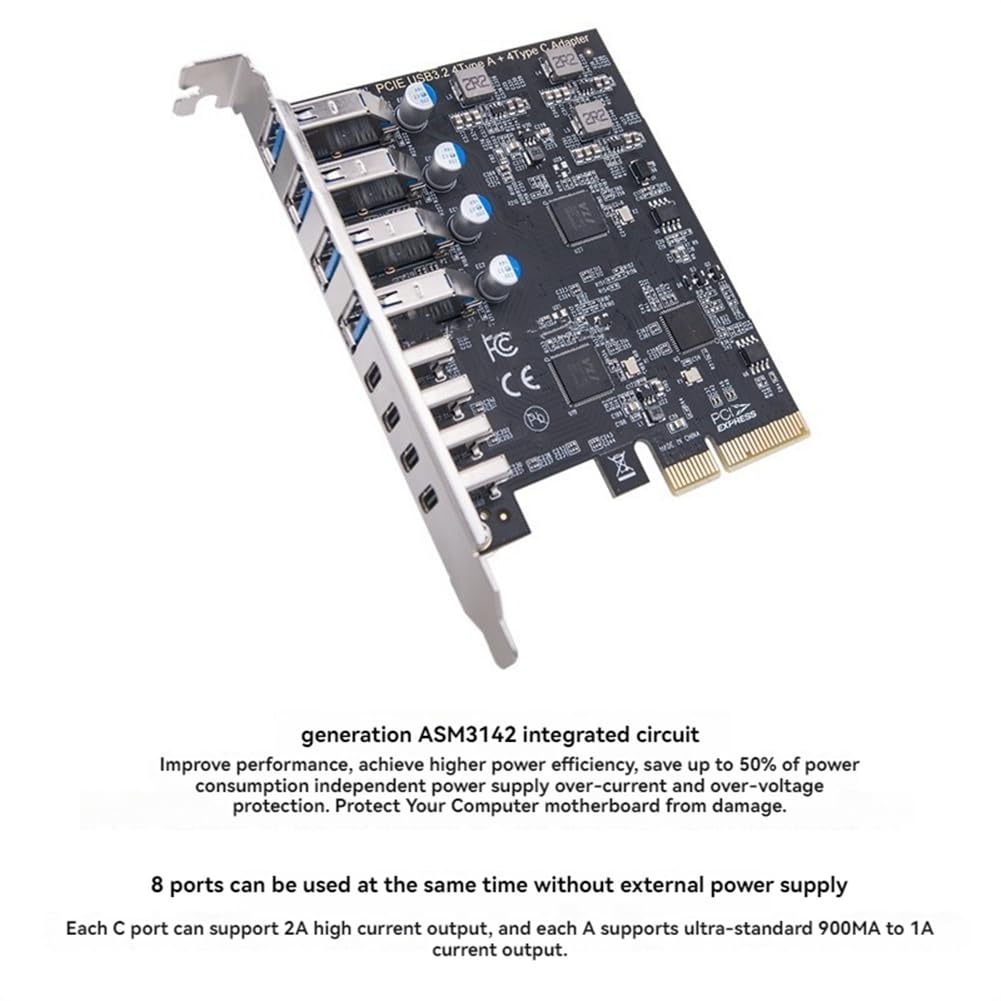 Tarjeta de Adaptador de Tarjeta de Expansión PCI-e de 8 Puertos USB 3.2 20Gbps 4 Tipo-C + 4 Tipo-A Tarjeta de Expansión para PC de Escritorio Tarjeta Host