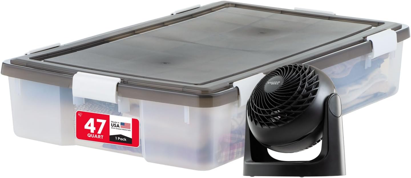 IRIS USA WOOZOO Quiet Black Desk Fan + WeatherPro 47 Qt Underbed Storage Bin – 3-Speed Air Circulator with 360° Tilt & BPA-Free Gasket-Sealed Tote for Bedroom, Office, Dorm – Gray/Clear