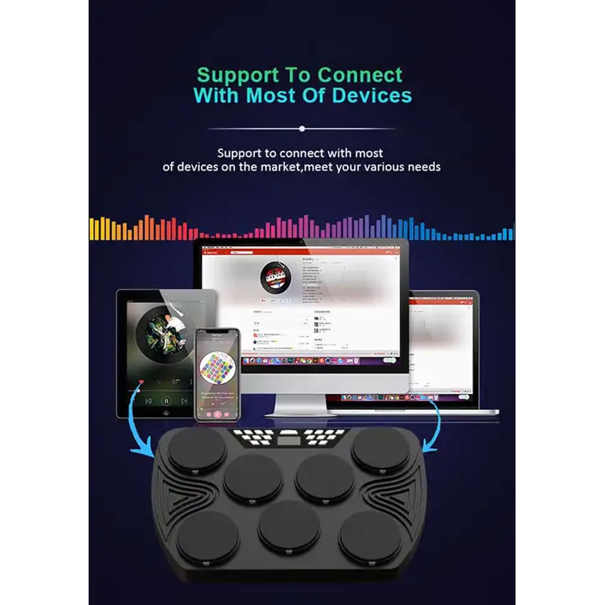 Batería Electrónica Portátil, 7 Pads Pad De Práctica De Batería Enrollable, Altavoces Incorporados, Luces Inteligentes con Acompañamiento De Percusión, Regalo para Niños, Adolescentes, Adultos