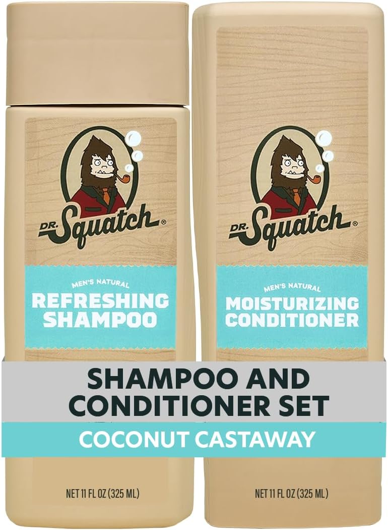Dr. Squatch Natural Hair Bundle for Men - Healthy, Full Looking Hair - Coconut Castaway Shampoo (8 fl oz), Coconut Castaway Conditioner (11.5 fl oz)