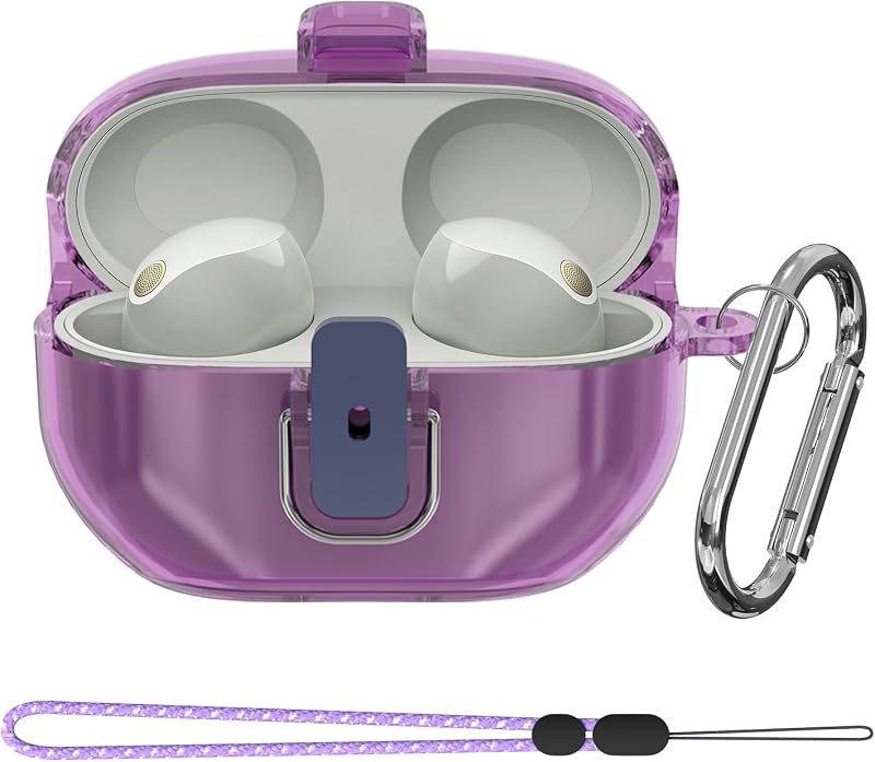 for Sony WF-1000XM5 Case Cover, Clear Soft TPU Protective Earbuds Case, Only Compatible with Sony WF-1000XM5, Headphones Case with Carabiner & Lanyard Accessories(Clear Purple)