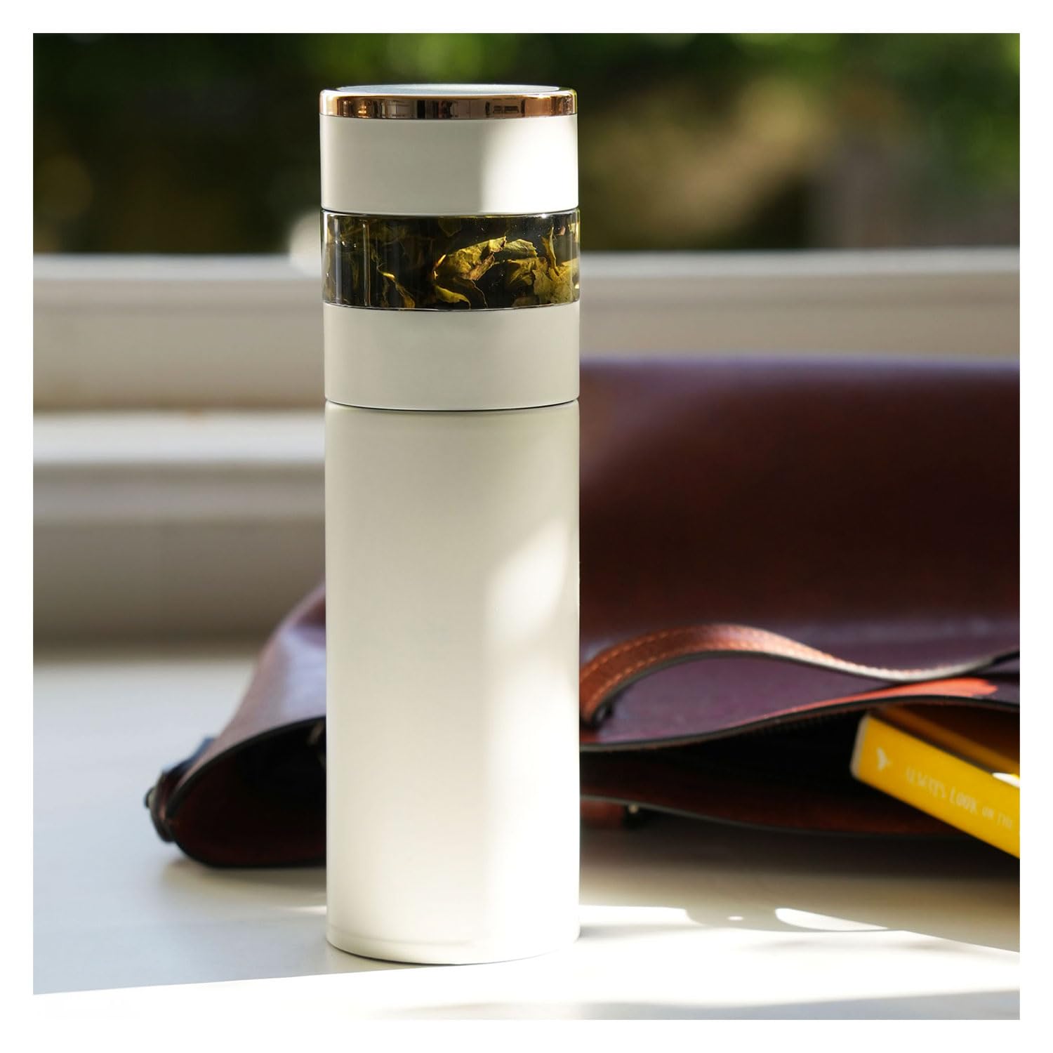 Bouteille à thé blanc 450 ml – Bouteille de thé en vrac avec infuseur, bouteille à thé pour chaud et froid, gobelet de voyage