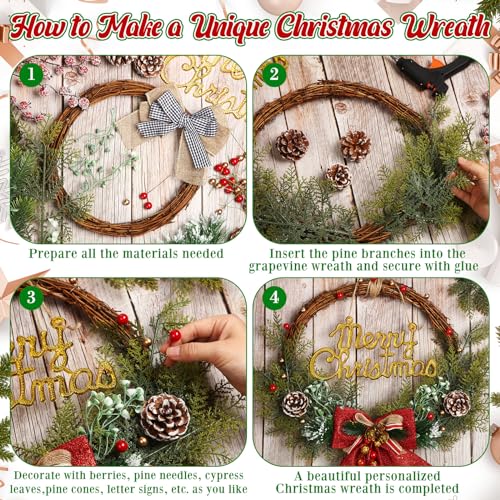 Hotop 134 Pcs Christmas Wreath Decorations Kits Included Grapevine Wreaths Pine Branches Pinecones Letter Signs Bow Ties Berry Picks for DIY Christmas Craft Garden Front Door Art Wall Hanging Decors - Image 4