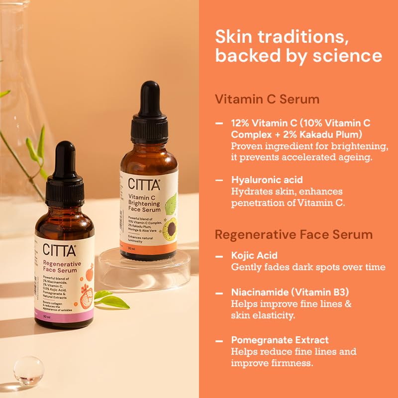 Image of CITTA Vitamin C & Regenerative Face Serum Combo,Dual-Action Skincare For Radiance & Anti-Aging,Brightening + Wrinkle Correcting Formula,Face Serums For Unisex,All Skin Types,30 Ml + 30 Ml