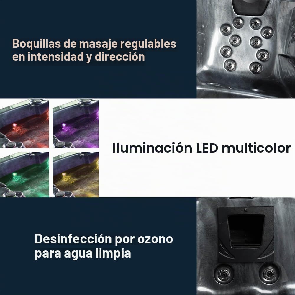Home Deluxe - Bañera de hidromasaje Exterior - Peldaños y Cubierta térmica de MÁRMOL Negro Plus - Dimensiones 210 x 160 x 85 cm - Incluye calefacción, 27 Jets de Masaje y 9 Fuentes de luz I Bañera de