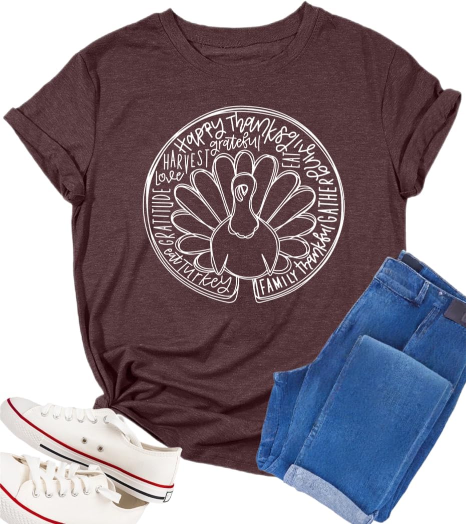 Thanksgiving Shirts for Women Turkey Shirt Thankful Tee Fall Gifts Giving Grateful Casual Short Sleeve Tee Tops