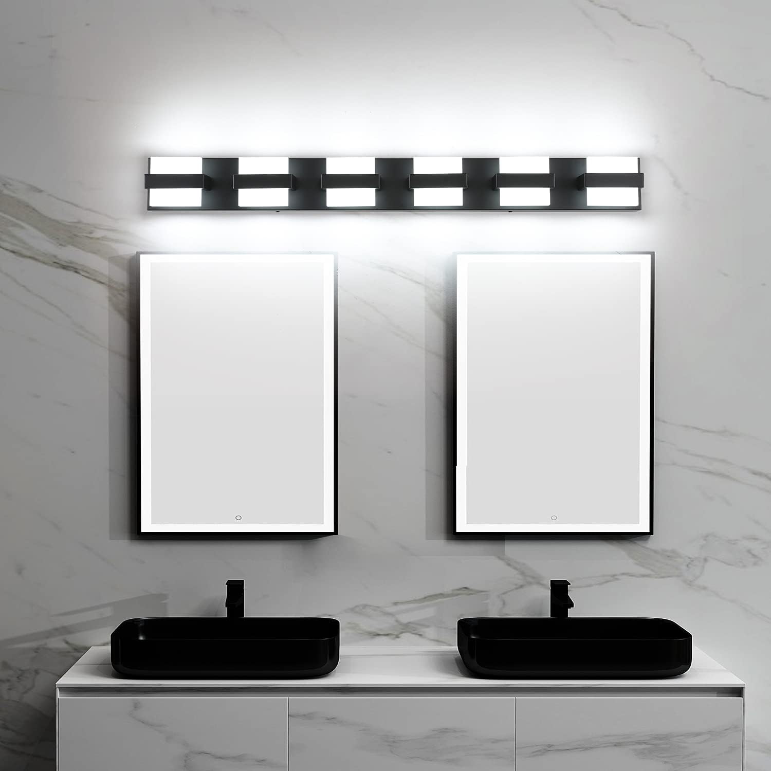 SOLFART 6 Lights Black Vanity Light Fixtures Modern LED Bathroom Light Black Bathroom Lighting Fixtures for Mirror 41 inch White Light Non Dimmable
