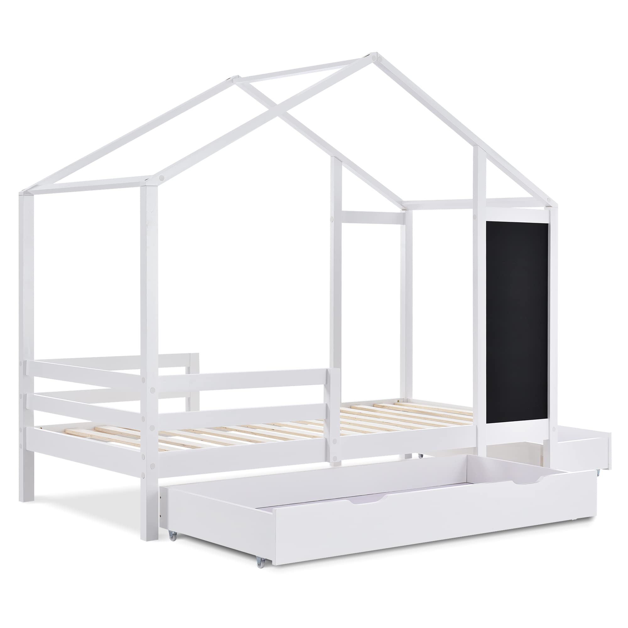 Moimhear Cama infantil de casa 90 x 200 cm, cama de madera con pizarra y 2 cajones, madera maciza con valla y somier, Blanco (sin colchón)