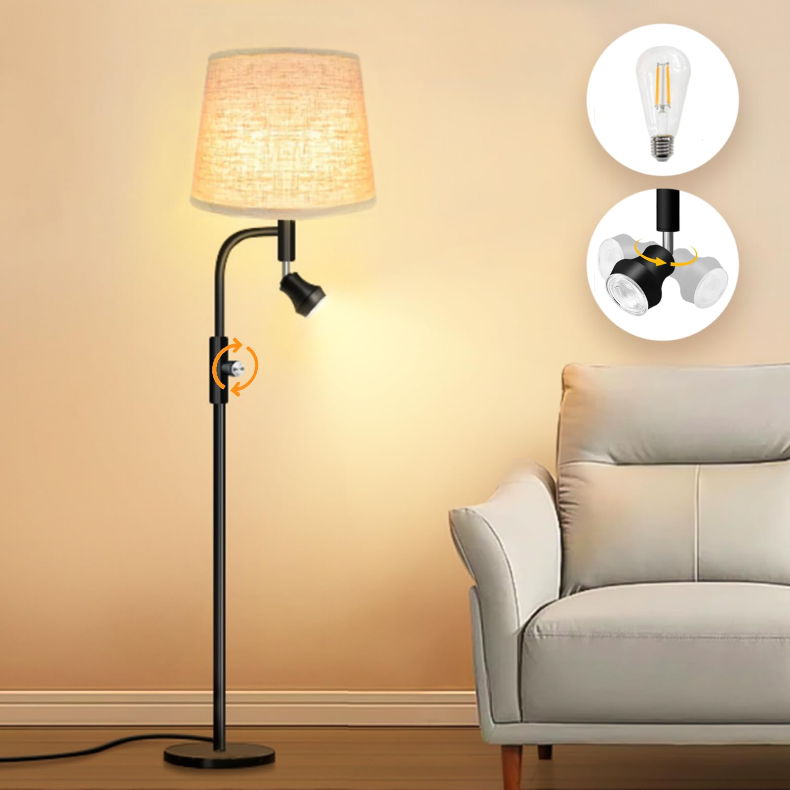 Lámpara de pie LED de 6W con lámpara de lectura, ángulo regulable, luz blanca cálida, pantalla de tela beige, apta para salón, dormitorio, estudio, hotel, altura: 165 cm, bombilla incluida.