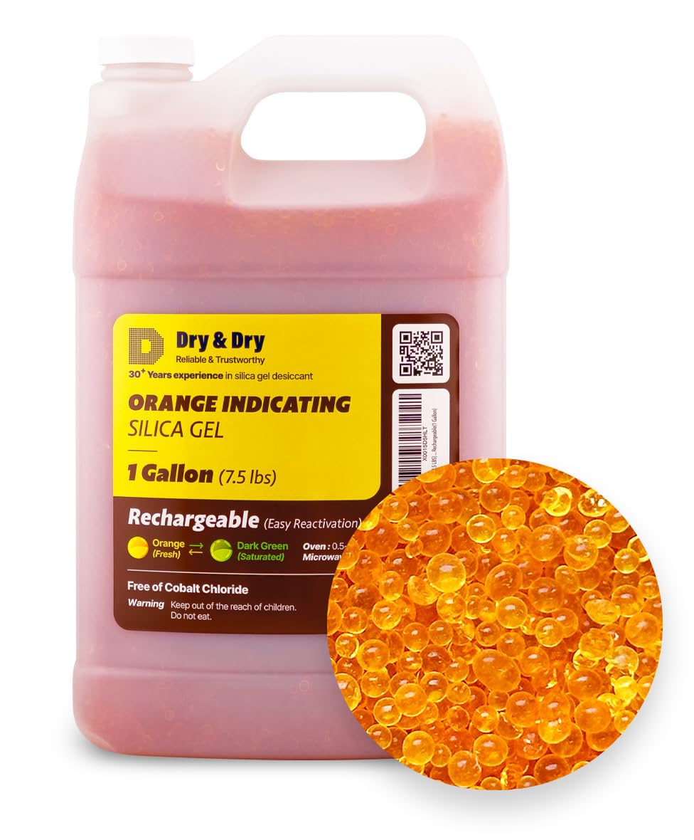 "Dry & Dry" [7.5 LBS] Premium Orange Indicating Silica Gel Desiccant Beads(Industry Standard 3-5 mm) - Rechargeable(1 Gallon)