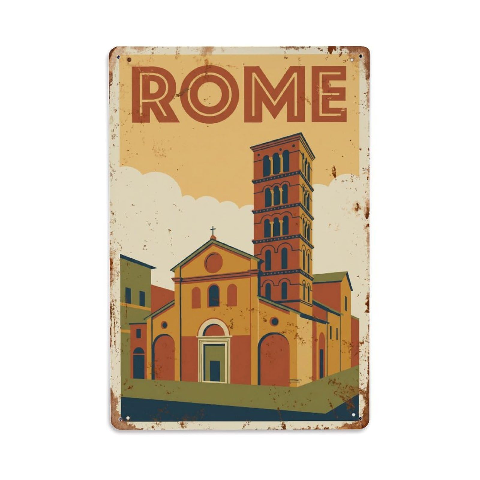 Vintage Travel Rome Basilica Santa Maria in Cosmedin Medieval Church Rusted Italy Metal Tin Sign Plaque Wall Decor for Cafe, Club Bar, Office, Home Garden Metal Poster 8x12Inch