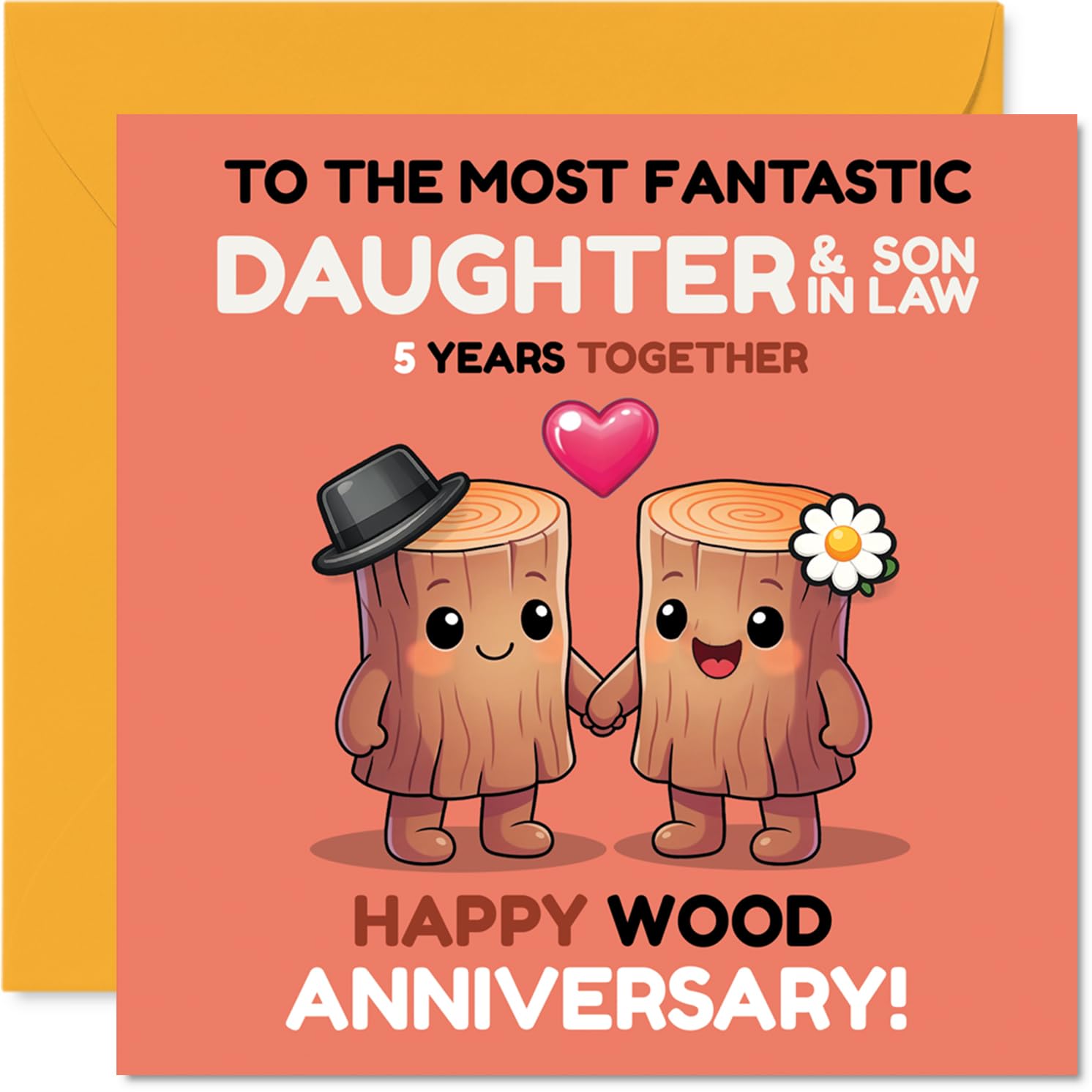 Playful 5th Anniversary Card for Daughter & Son in Law - Celebrating Five Years with a Smile - Adorable Wood-themed Characters Holding Hands - 145mm Square, Envelope Included
