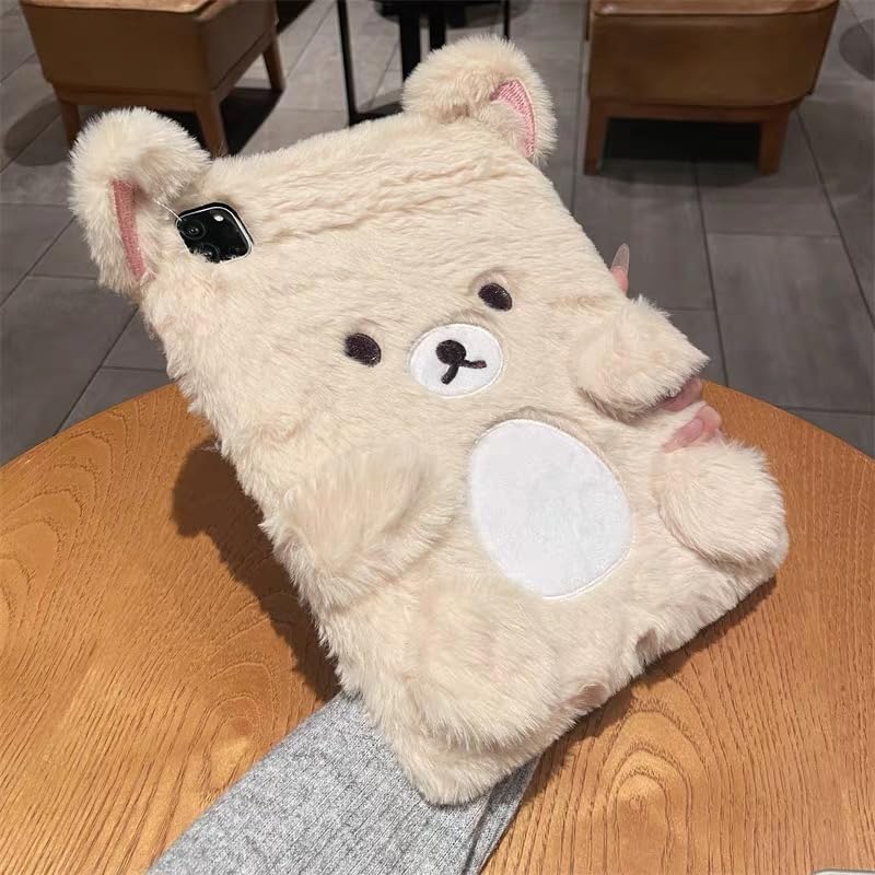 Fluffy Fur Plush Back Case for Apple Teddy Bear Beige Color Japanese Cartoon Warm Comfy Comfortable Winter Cute Lovely Adorable Kids Girls (for iPad 9th Generation 2021 10.2 Inch)